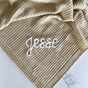 Personalized Name Swaddle Blanket: Customized Hand-Embroidered Knit Baby Blanket, monthly milestone blanket, heirloom keepsake image 7