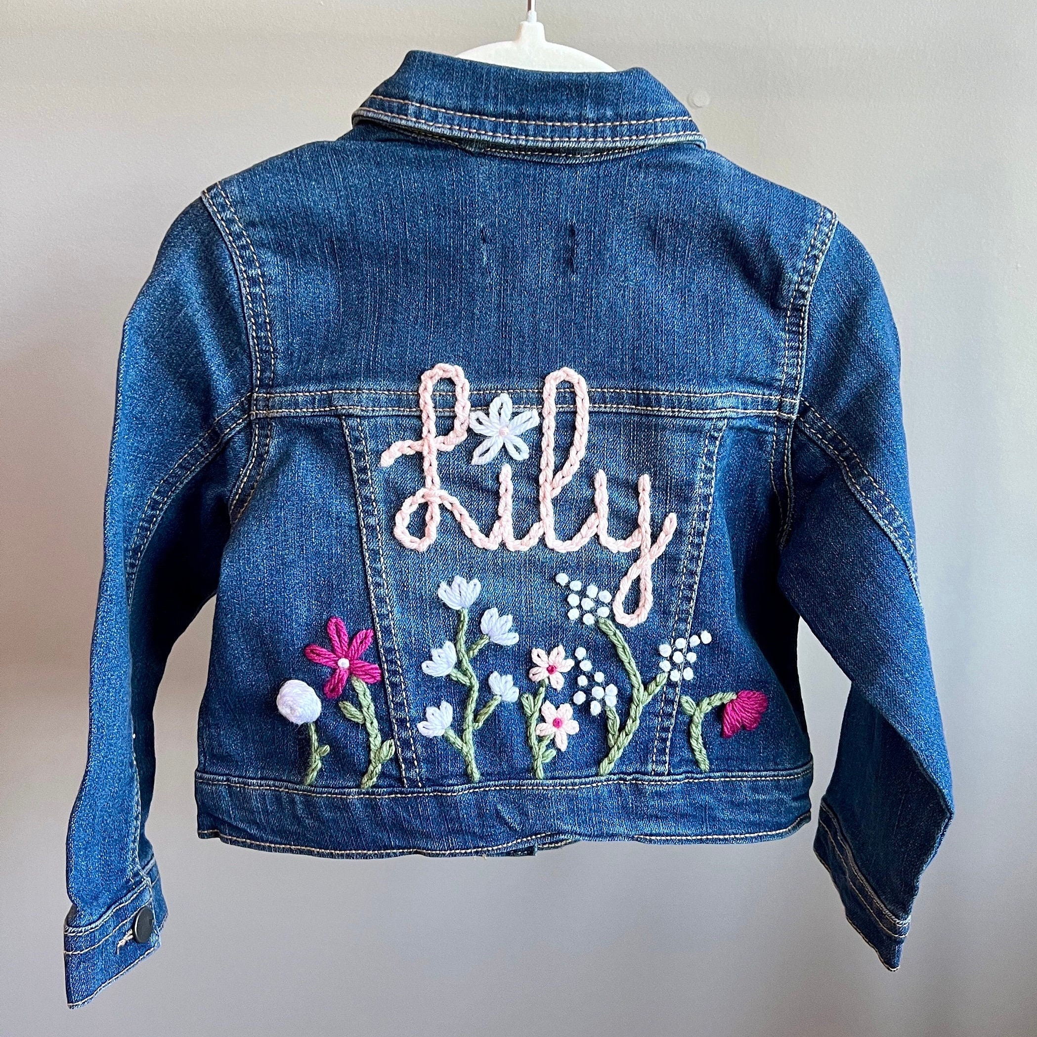 Hand-embroidered baby & toddler girl jean jacket (floral initial, monogram, personalized name)