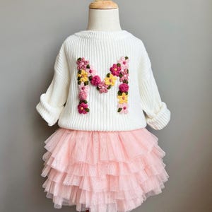 Hand-embroidered floral initial baby/toddler monogram sweater, monthly milestone sweater, personalized keepsake