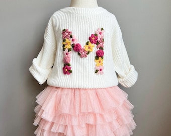 Hand-embroidered floral initial baby/toddler monogram sweater, monthly milestone sweater, personalized keepsake