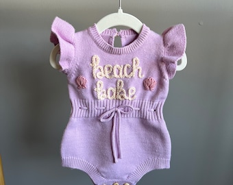 Hand-embroidered baby/toddler girl, spring/summer baby/toddler outfit, beach babe romper