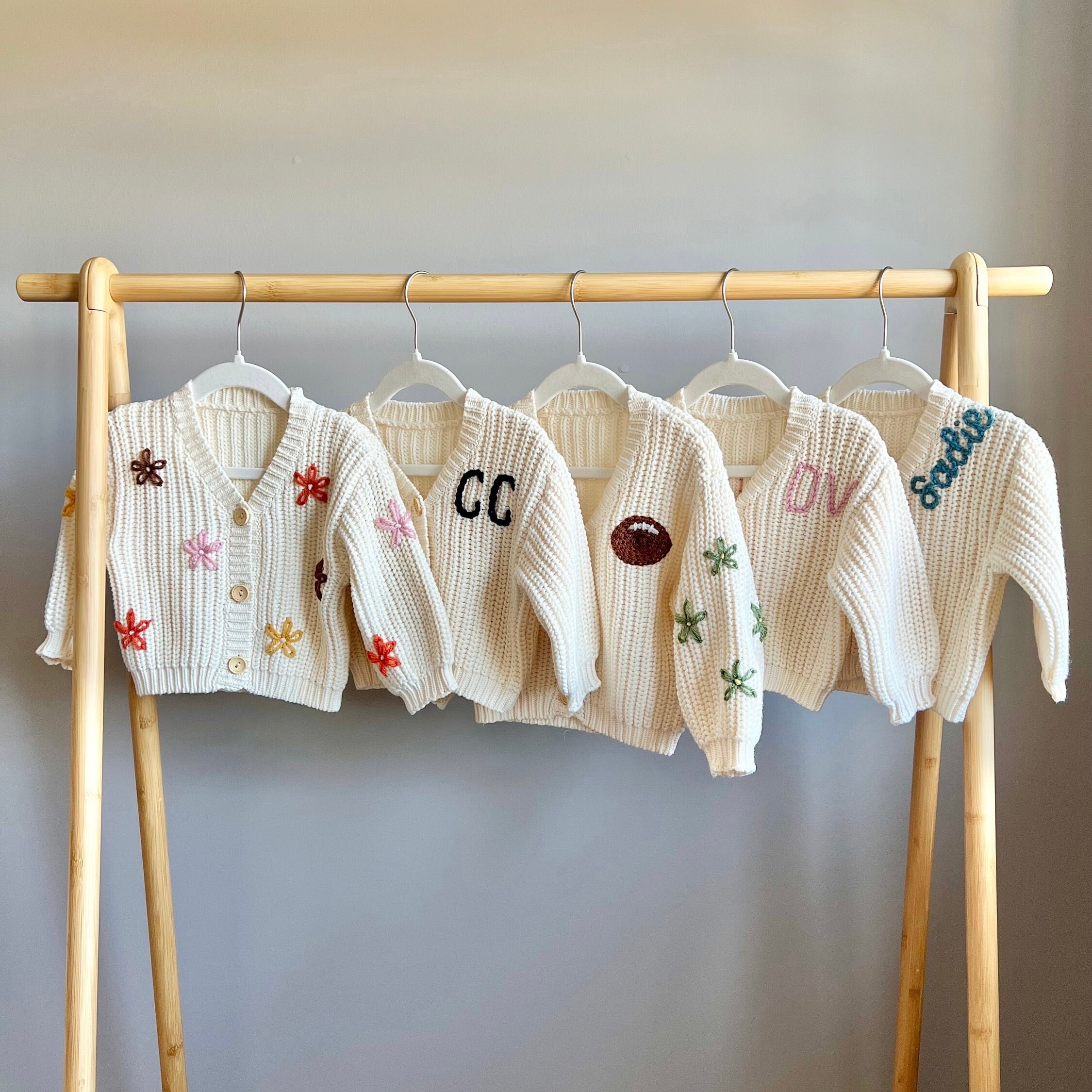 Hand-embroidered cardigan - neutral knit sweater for toddler/children, name, flowers, football, fall pumpkins