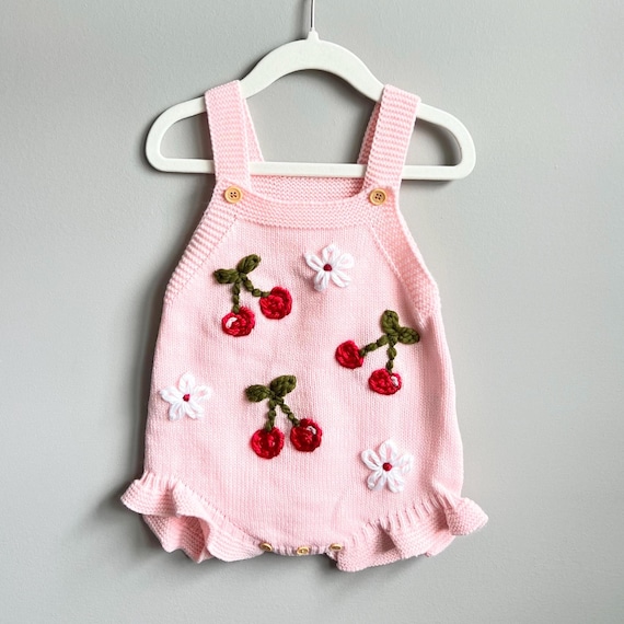 Hand-embroidered Cherry Flower Baby/toddler Girl Romper, Spring