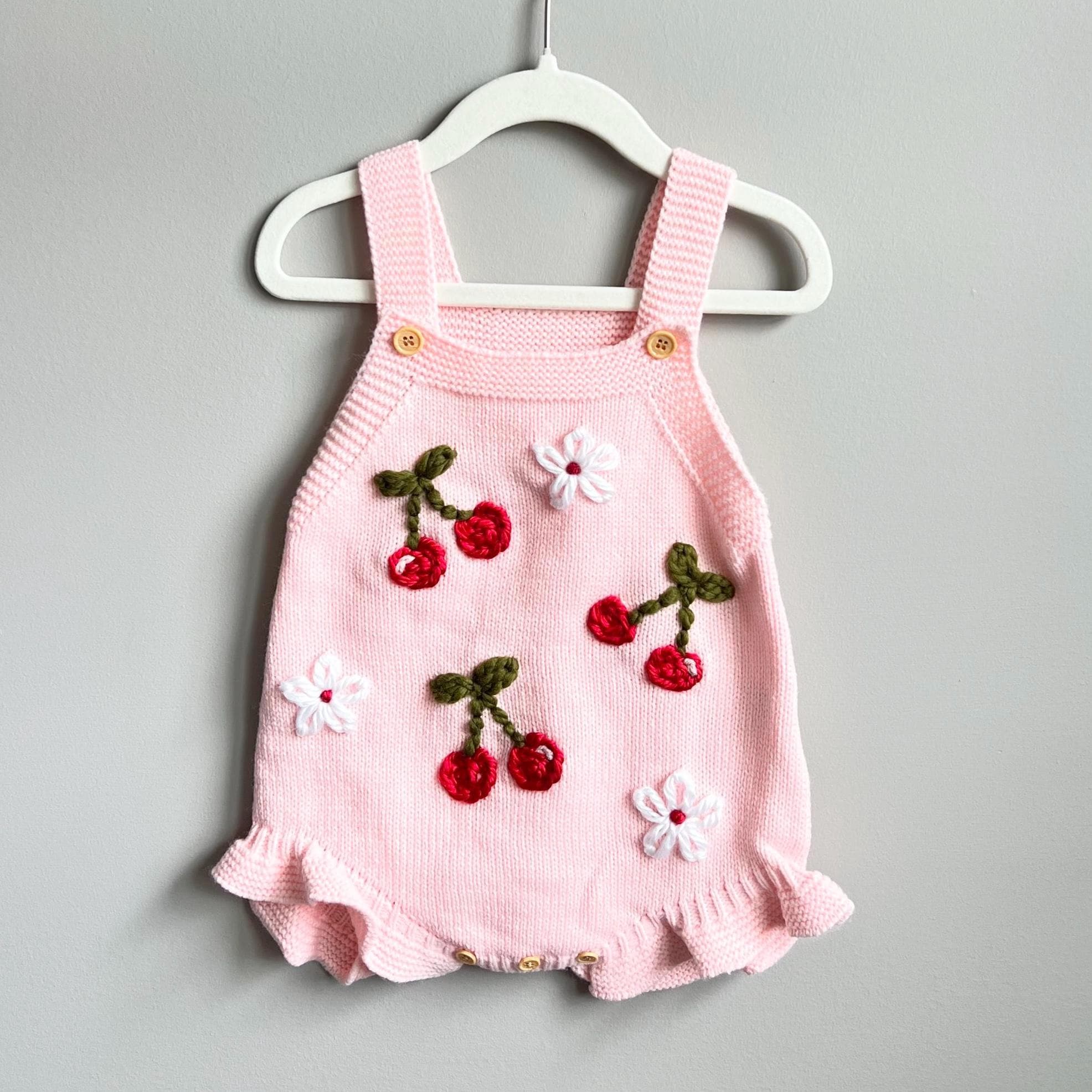 Hand-embroidered cherry & flower baby/toddler girl romper, spring/summer outfit