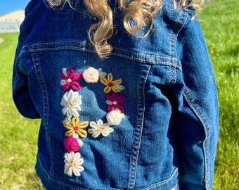 Hand-embroidered baby & toddler girl jean jacket (floral initial, monogram, personalized name)