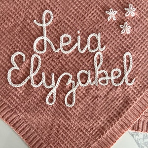 Personalized Name Swaddle Blanket: Customized Hand-Embroidered Knit Baby Blanket, monthly milestone blanket, heirloom keepsake image 5