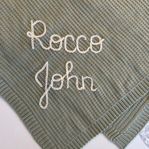 Personalized Name Swaddle Blanket: Customized Hand-Embroidered Knit Baby Blanket, monthly milestone blanket, heirloom keepsake image 4