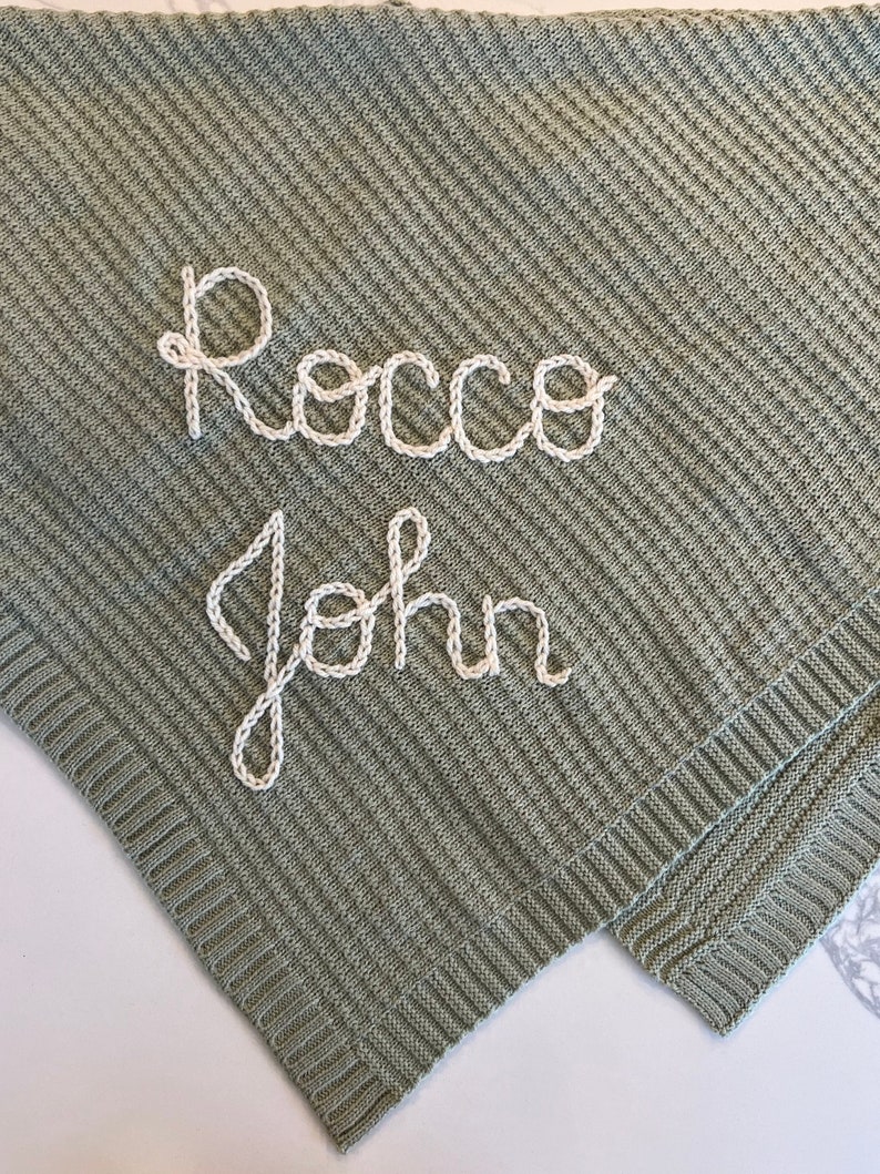 Personalized Name Swaddle Blanket: Customized Hand-Embroidered Knit Baby Blanket, monthly milestone blanket, heirloom keepsake image 4