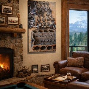 May include: A canvas print of an engine block and components hangs in a rustic living room. The room features a fireplace, leather sofa, and pool table, creating a cosy atmosphere. The room also has a view of the mountains.