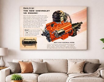 Puede incluir: Un anuncio vintage del nuevo motor Chevrolet V8. La imagen presenta una ilustración detallada del motor en naranja y negro, con el texto "Here it is! THE NEW CHEVROLET V8 ENGINE!" y "NEW 12-VOLT ELECTRICAL SYSTEM."