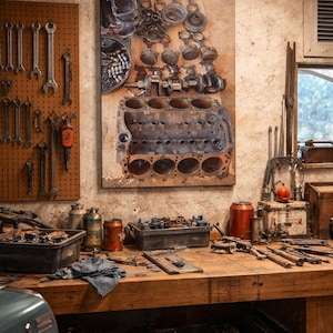 Puede incluir: Escena de taller con un bloque de motor, herramientas y piezas de automóviles. Un panel perforado con llaves cuelga de la pared. El banco de trabajo está lleno de herramientas, recipientes y un trapo azul. La paleta de colores es cálida y rústica.