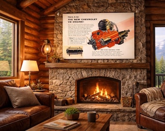Puede incluir: Interior de cabaña con chimenea de piedra y fuego encendido. Sobre la chimenea cuelga un anuncio vintage enmarcado de "The New Chevrolet V8 Engine". La habitación cuenta con muebles de cuero, una mesa de centro de madera y grandes ventanas.