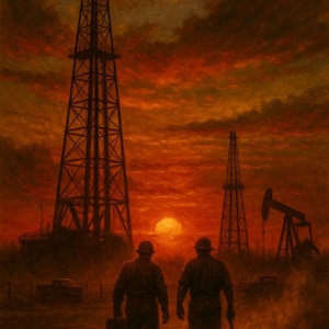 Red Iron at Sunset – Vintage Oilfield Print, Man Cave Wall Art, Industrial Decor, Digital Download