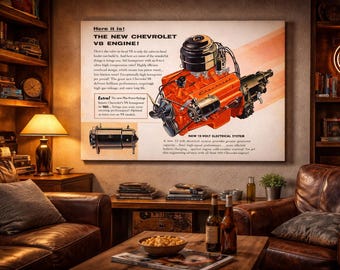 Puede incluir: Un anuncio vintage del nuevo motor Chevrolet V8, con una ilustración de un motor naranja con componentes negros. El anuncio incluye texto sobre las características del motor y un sistema eléctrico de 12 voltios. La escena está ambientada en una acogedora habitación con muebles de cuero y estanterías.