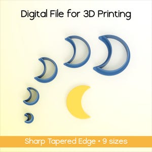 Könnte beinhalten: Eine Sammlung blauer, halbmondförmiger Ausstecher und ein gelber Halbmond. Der Text "Digital File for 3D Printing" und "Sharp Tapered Edge • 9 sizes" sind zu sehen.