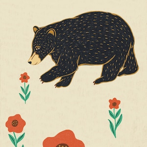 Black Bear Cub with Wildflowers - Giclee Fine Art Print - 11x14