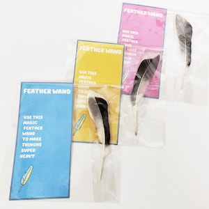 May include: Three blue, pink, and yellow cards with the text "Feather Wand" and instructions on how to use the magic feather wand to make things super heavy. Each card has a white feather with black markings inside a clear plastic bag.