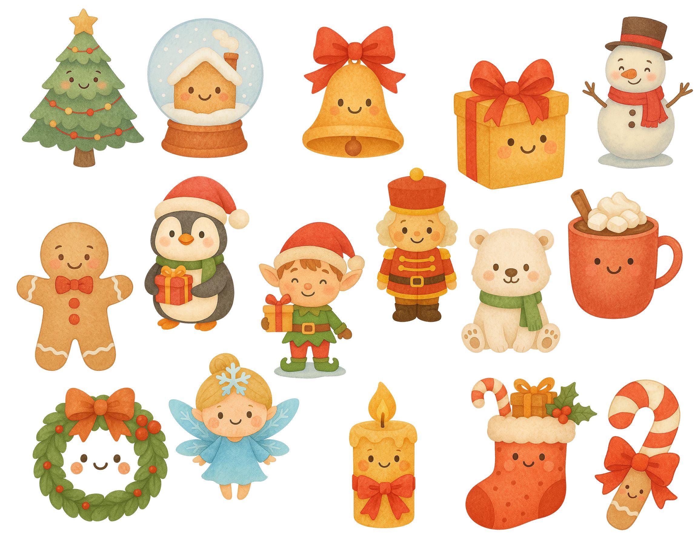Watercolor Christmas Clipart Bundle | Kawaii Holiday Pngs (30 Files ...