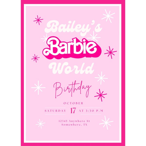 Editable Photo Pink Rose Sparkle Doll Themed Girl Birthday Invitation, Printable Hot Pink Doll Party Invite, Canva Instant Digital Download