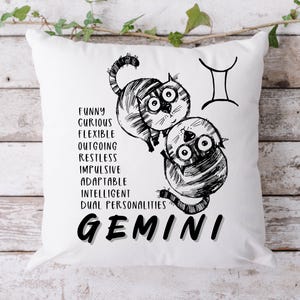 Zodiac Gemini Throw Pillow With Cute Cartoon Cats, Star Sign Traits, June Month Gift, Astrologist Gift, Zodiac Gifts, Astrology Gift Idea