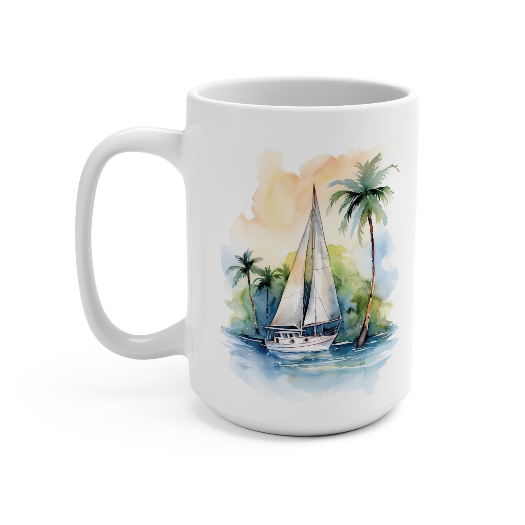 Nautical Kitchen Mug, Colorful Watercolor Sailboat Mug, Coastal Kitchen