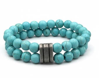 Turquoise Howlite Beaded Stretch Bracelet - Double Row Boho Bracelet with Rustic Silver Focal
