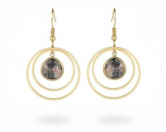 Gold Hoop Dangle Earrings: Dark Grey Stone Charm, Stainless Steel Wires