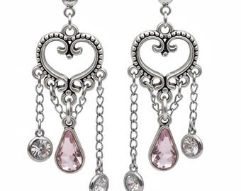 Antique Silver Heart Chandelier Earrings: Pink Rhinestone Dangle Earrings