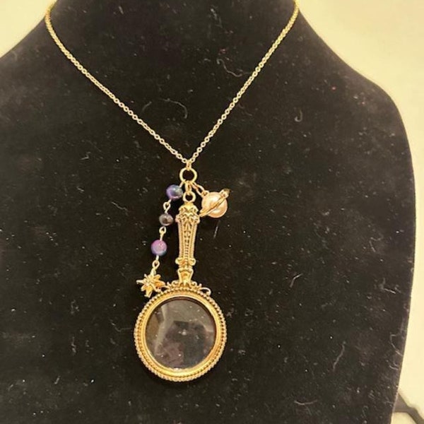 Eccentric Fun Magnifying Glass Celestial Gold Necklace Handmade