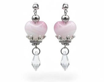 Pink Glass Heart Dangle Earrings: Silver Crown Beads, Stainless Steel