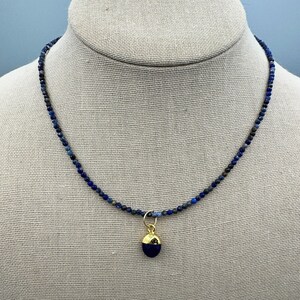 Blue Lapis Beaded Choker with 14k Gold Plated Lapis Lazuli Stone Pendant