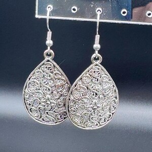 Silver Teardrop Dangle Earrings: Vintage Etched Boho Jewelry
