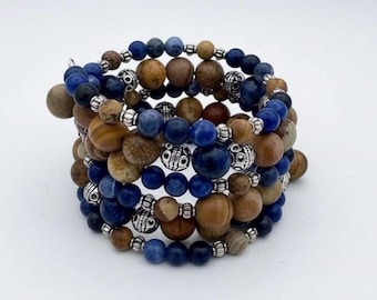 Boho Chic Statement Bracelet, Blue Beaded Jasper and Sodalite Stone, Bohemian Style, Chunky Jewelry