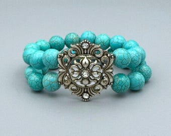 Turquoise Howlite Beaded Bracelet: Victorian Silver Rhinestone Focal