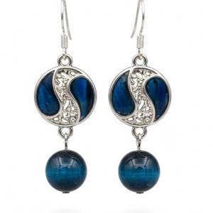 Pretty Blue Tiger's Eye Shell Charm Dangle Earrings with a Touch of Silver Glamour