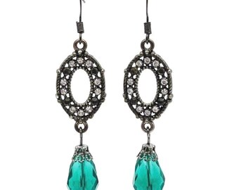 Vintage Black Oval Rhinestone Earrings with Green Glass Dangle Charm, Date Night Jewelry