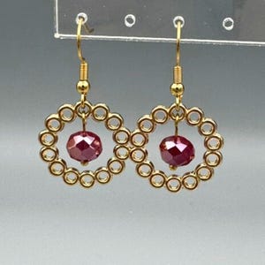 Gold Circle Dangle Earrings - Minimalist Jewelry - Red Beaded Earrings