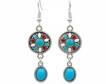 Turquoise Southwestern Dangle Earrings: Stainless Steel Boho Style