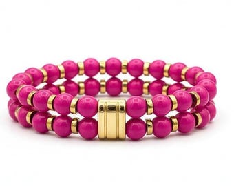 Pulsera elástica de cuentas de vidrio rosa brillante de doble hilera, estilo veraniego.