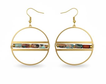 Gold Jasper Beaded Hoop Earrings - Gold Brass Dangles - Boho Chic Style