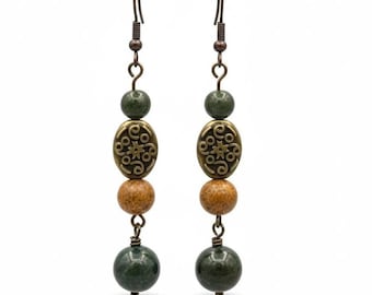 Pendientes colgantes de jaspe bohemio: filigrana de bronce, estilo suroeste