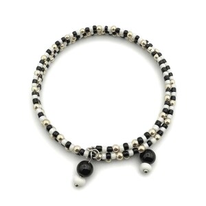 Memory Wire Wrap Bracelet | Zebra Pattern, Black White Silver Beads