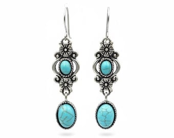 Western Style Turquoise Dangle Earrings, Antique Silver Ornate Drops, Southwestern Earrings