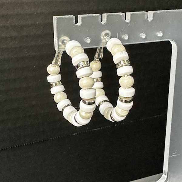 White Wooden Bead Hoop Earrings Handmade