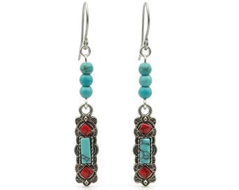 Boho Southwest Dangle Earrings with 3 Turquoise Magnesite Beads & Silver Charm - Handmade Stainless Wire