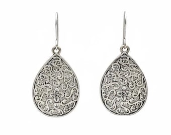 Pendientes colgantes de lágrima de plata: joyería bohemia vintage grabada