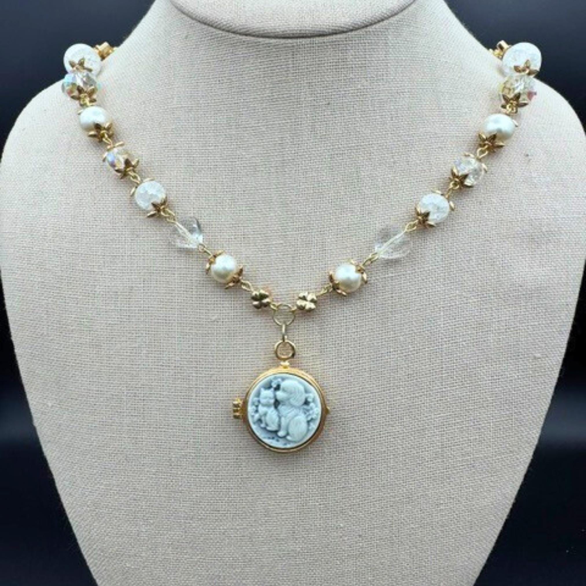 Sweet Dog Cat Blue Cameo Locket Pendant Necklace, Beaded Gold Necklace