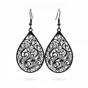 Chic Black Teardrop Earrings with Delicate Filigree, Statement Lightweight Earrings