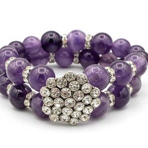 Purple Amethyst Beaded Layered Stretch Bracelet | Elegant Rhinestone Jewelry