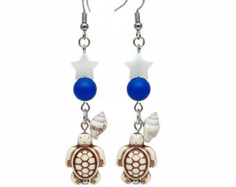 Turtle Shell Beaded Dangle Drop Earrings, Summer Style, Fun Earrings